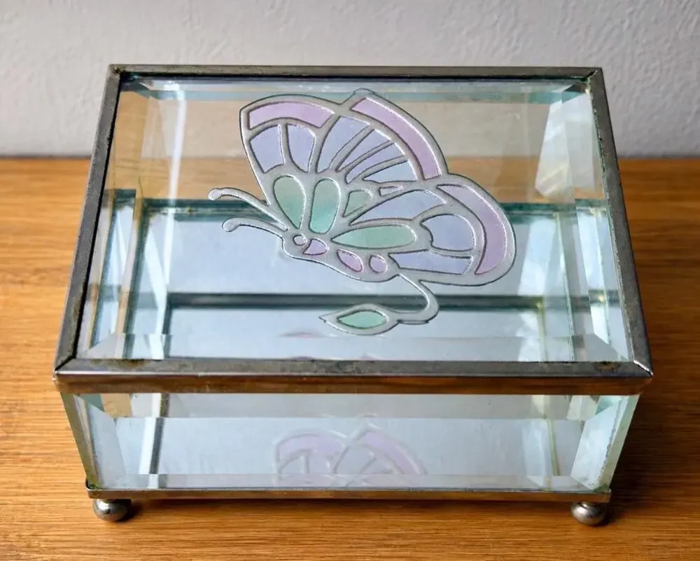 Vintage Beveled Glass Butterfly Jewelry Box | Pastel Etched Trinket Keepsake Box